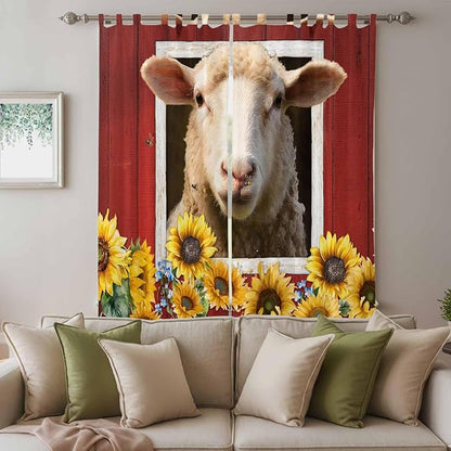 Sheep Sunflower Living Room Curtains 96 Inch Length, Window Curtains Tab Top, Country Red Farm Barn Spring Flowers Light Filtering Window Treatments Drapes 52"x96" 2 Panel