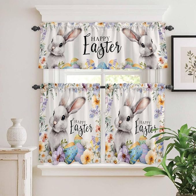 Happy Easter Kitchen Curtains Set 3 Piece for Windows,Rod Pocket Valance and Tier Set 24 Inch Length,Spring Grey Bunny Colorful Eggs Flower Beige Light Filtering Cafe Curtains for Living Room