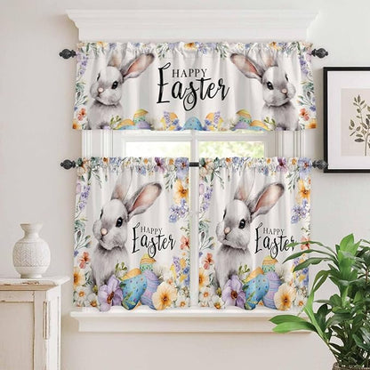 Happy Easter Kitchen Curtains Set 3 Piece for Windows,Rod Pocket Valance and Tier Set 24 Inch Length,Spring Grey Bunny Colorful Eggs Flower Beige Light Filtering Cafe Curtains for Living Room