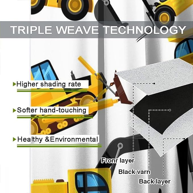 Kids Construction Equipment Window Curtains, Excavator Tractor Tow Truck Rod Pocket Decorative Windows Curtain for Children Teens Boys Girls Room Decor 63x72in (30% Blackout)