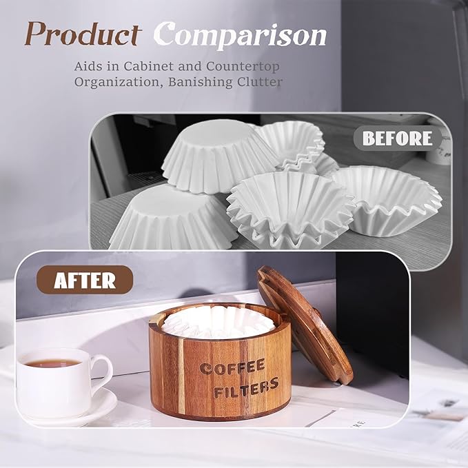 Acacia Wood Coffee Filter Holder and Storage - Round Container for Coffee Bar Organizer, Rustic Dispenser Basket