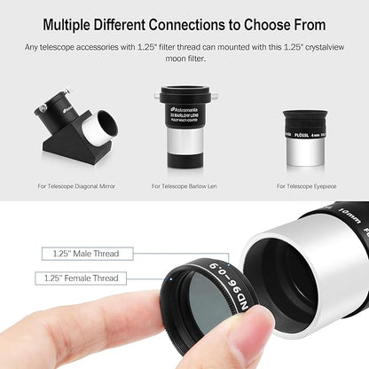 Astromania Telescope Filter Moon Filter 1.25 inch, Neutral Color Filter ND96-0.9 with 13% Light Transmission Reduces Moon Glare&Enhances Lunar Crater Detail, Work with Telescope Accepts 1.25" Eyepiece