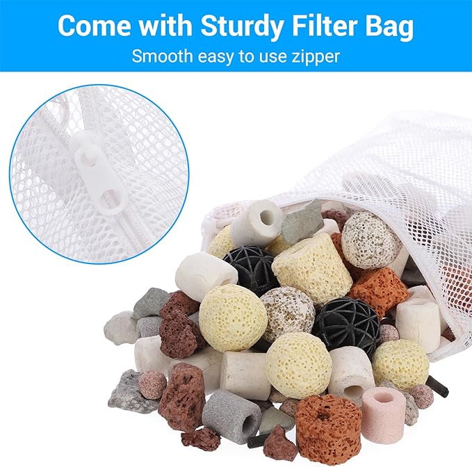 Segarty Filter Media,12 in 1 Bio Media for Aquarium Sump Filter Ceramic Rings Activated Carbon Bio Balls Freshwater Marine Biological Filter Media for Koi Fish Tank Pond Canister (2.2lb with Mesh Bag)