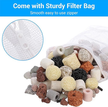 Segarty Filter Media,12 in 1 Bio Media for Aquarium Sump Filter Ceramic Rings Activated Carbon Bio Balls Freshwater Marine Biological Filter Media for Koi Fish Tank Pond Canister (2.2lb with Mesh Bag)