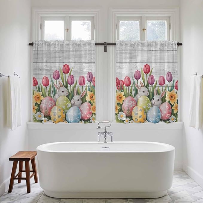 Easter Kitchen Curtains 45 Inch Long 2 Panel Set, Rod Pocket Window Treatment, Retro Spring Bunny Eggs Tulip Farm Wooden Grain Light Filtering Panels Short Drapes for Bathroom Camper 42"W x 45"L