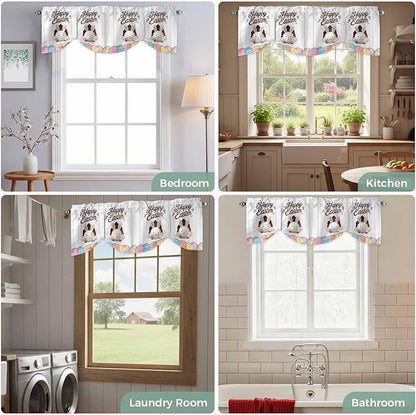Grey Easter Tie Up Valance Curtains for Windows, Kitchen Curtains Window Shades, Spring Cartoon Bunny Colorful Eggs Wood Grain Light Filtering Roman Curtain Valances for Bedroom/Bathroom/Cafe 42"x18"