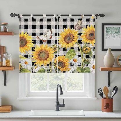 Sunflowers Kitchen Curtains 45 Inch Length, Short Cafe Window Curtains Tab Top, Yellow Flowers Butterfly Farmhouse Black Plaid Light Filtering Window Treatments Tier Drapes 27.5"x45" 2 Panel