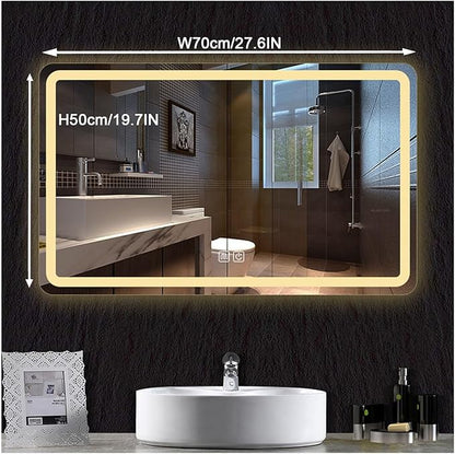 Smart Lighted Bathroom Mirror for Wall，Bathroom Mirror with LED Lights，Lighted Bathroom Makeup，Waterproof，Shatterproof，with Touch Sensor/Dimming/Demister pad(H50*W70cm/H19.7*W27.6IN)