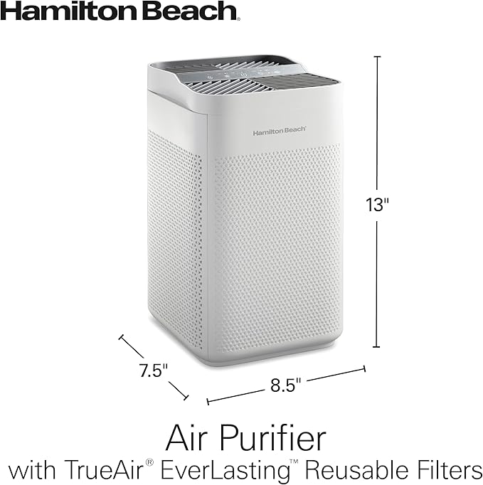 Hamilton Beach Air Purifier For Home With 2 TrueAir EverLasting Reusable Filters, For Medium Rooms Up To 827 sq. ft., Protects From Allergens, Odors, Irritants, Dust, Smoke, Pollen, White (20150)