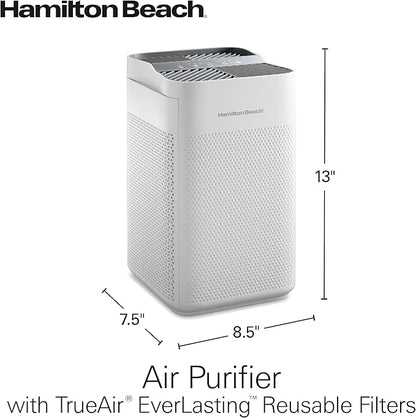 Hamilton Beach Air Purifier For Home With 2 TrueAir EverLasting Reusable Filters, For Medium Rooms Up To 827 sq. ft., Protects From Allergens, Odors, Irritants, Dust, Smoke, Pollen, White (20150)