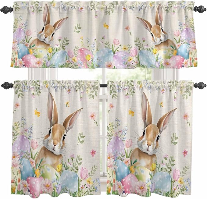 Kitchen Curtains Tiers and Valance Set of 3, Easter Light Filtering Window Curtain Set, Vintage Spring Bunny Eggs Farmhouse Floral Leaves Rod Pocket Curtain Drapes for Living Room, 24 Inches Tiers