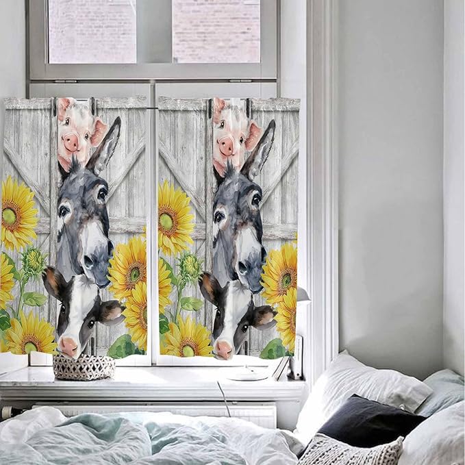 Farmhouse Kitchen Curtains 45 Inches length, Watercolor Sunflowers Animals Printed Wood Grain Window Treatment Curtain Drapes, Lightweight Window Panels for Living Room Bedroom, 52"x45", 2 Panels