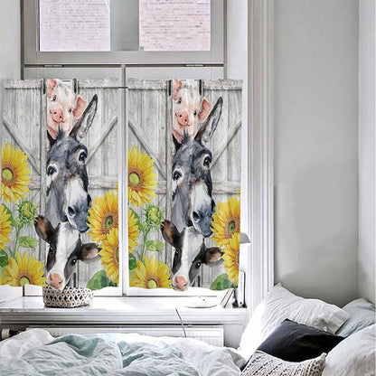 Farmhouse Tier Curtains 45 Inches Long, Watercolor Sunflowers Animals Printed Wood Grain Window Treatment Curtain Drapes, Small Curtain Drapes for Bathroom Laundry Room, 27.5"x45", 2 Panels
