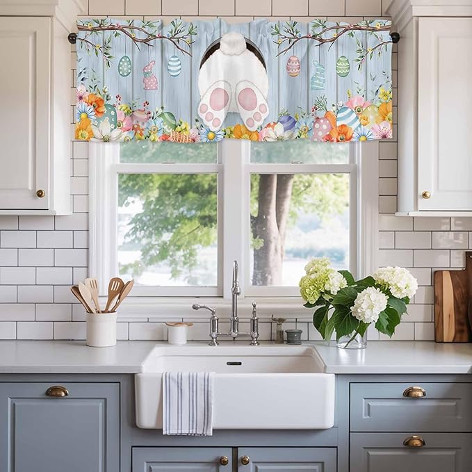 Easter Curtain Valances for Windows, Kitchen Valance Window Treatment, Spring Watercolor Bunny Eggs Flower Wood Grain Blue Light Filtering Block Curtains for Bathroom/Bedroom/Living Room 42'' x 12''