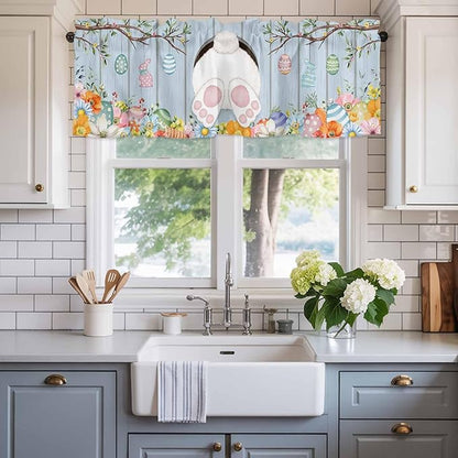 Easter Curtain Valances for Windows, Kitchen Valance Window Treatment, Spring Watercolor Bunny Eggs Flower Wood Grain Blue Light Filtering Block Curtains for Bathroom/Bedroom/Living Room 42'' x 12''