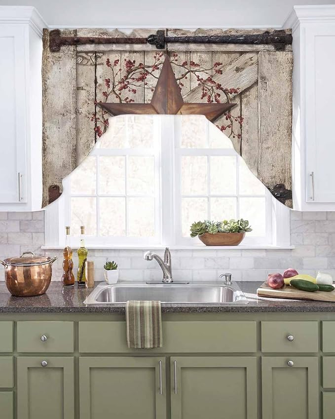 Country Star Swag Kitchen Curtains Valance and Tier Set, VintageRust Yellow Star Berry Beige Barn Gate Light-Filtering Swag Valance, Rod Pocket Short Curtain for Bedroom Cafe, 56x36 inches
