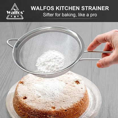 Walfos 6.3 Inch Fine Mesh Strainer, Premium Stainless Steel Sieve and Sifter with Handle, Kitchen Metal Strainers for Rice, Quinoa, Fruits, Noodles, Flour