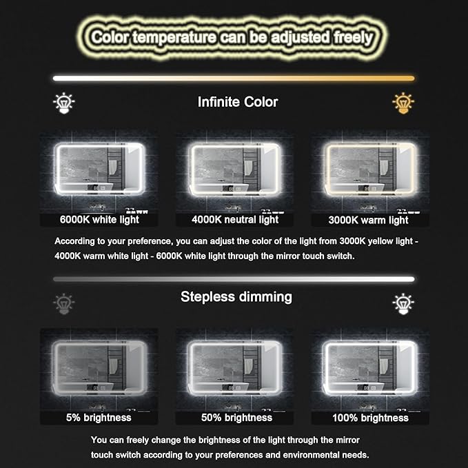 LED Bathroom Mirror，Bathroom Mirror with LED Lights，Illuminated Led Bathroom Mirror with Demister Pad，Illuminated LED Bathroom Mirror,3 Colours Backlit Makeup Mirror(A,H70*W90cm/H27.6*W35.4IN)