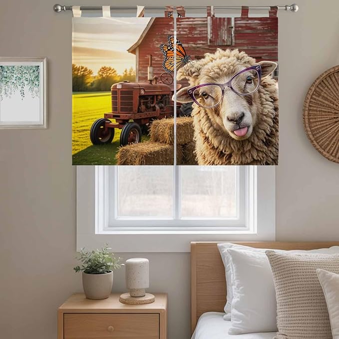 Farm Sheep Kitchen Curtains 45 Inch Length, Short Cafe Window Curtains Tab Top, Farmhouse Barn Funny Animals Butterfly Light Filtering Window Treatments Tier Drapes 27.5"x45" 2 Panel