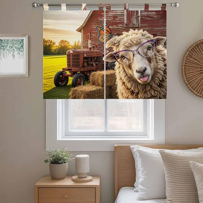 Farm Sheep Kitchen Curtains 45 Inch Length, Short Cafe Window Curtains Tab Top, Farmhouse Barn Funny Animals Butterfly Light Filtering Window Treatments Tier Drapes 27.5"x45" 2 Panel