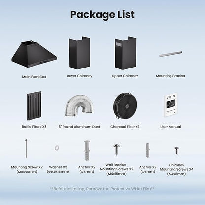 Wall Mount 36 Inch Range Hood 900 CFM, Ductless/Ducted Convertible, 3-speed Gesture Sensing & Touch Control, Black Painted Stainless Steel Vent Kitchen Hood with Permanent Baffle Filters