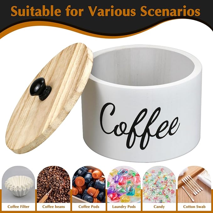 Wooden Coffee Filter Holder with Lid, Basket Coffee Filter Storage Container for Counter, Rustic Farmhouse Café Bar Decor, 50 Count Capacity (White)