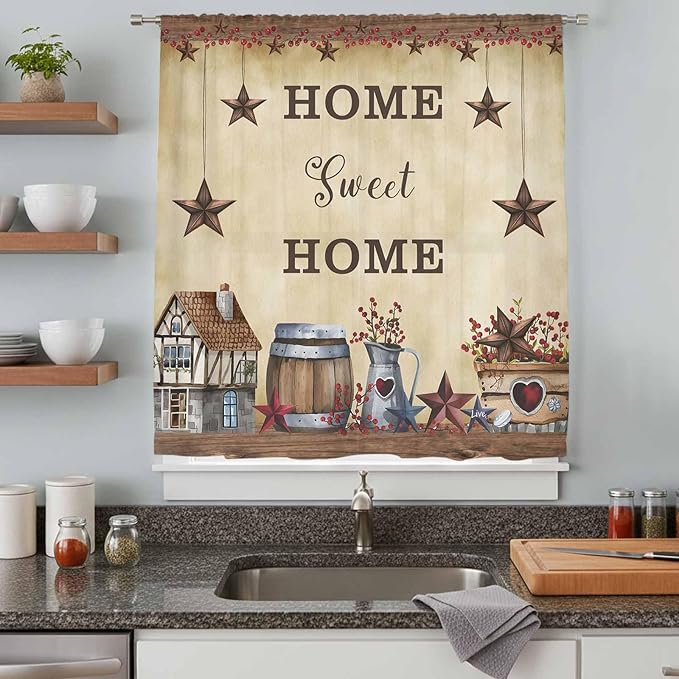 Farm Sheer Curtains 72 Inch Length American Country Barn Star Vintage Berry Brown Chiffon Curtain for Bedroom Living Room Light Filtering Rod Pocket Window Treatments Voile Curtains Drapes for Dining