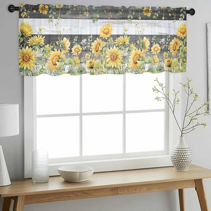 Summer Floral Sheer Valance Curtains, Watercolor Sunflower Eucalyptus Leaves Black Wood Grain Light Filtering Kitchen Valances Rod Pocket Voile Curtain for Bedroom/Living Room/Basement 54Wx18L