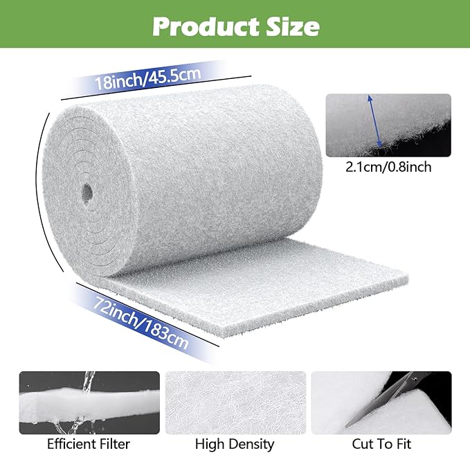 Classic Pond Filter Pad Aquarium Media 18"x72"x1", 9 Ft² White Thicker Reusable Replacement Washable Pad,Fish Pond Filter Material for Koi Outdoor Ponds Aquarium