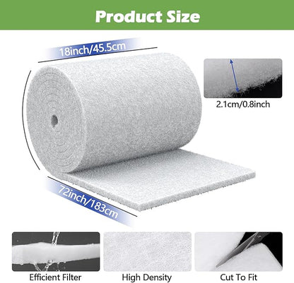 Classic Pond Filter Pad Aquarium Media 18"x72"x1", 9 Ft² White Thicker Reusable Replacement Washable Pad,Fish Pond Filter Material for Koi Outdoor Ponds Aquarium