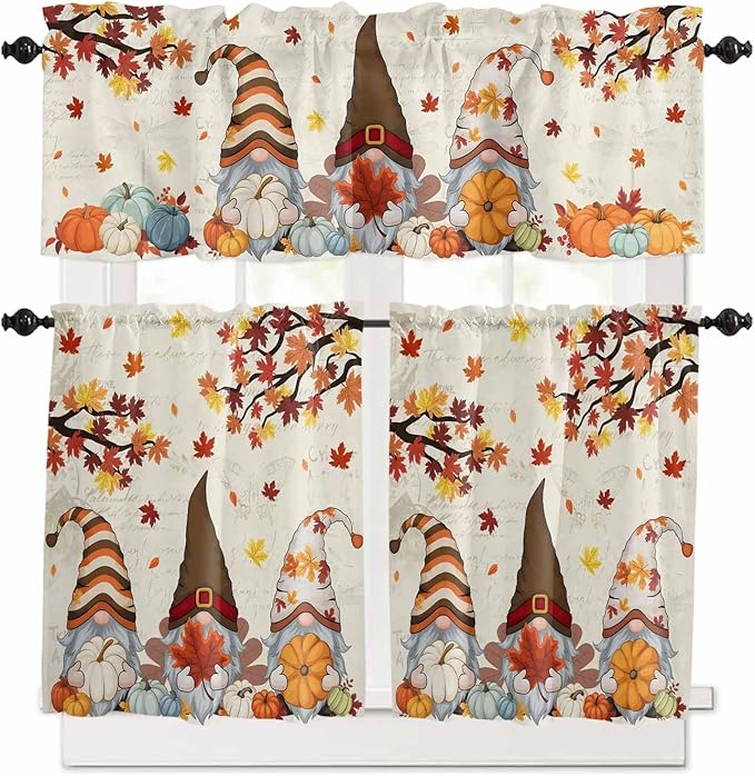 Fall Kitchen Curtain Set, Thanksgiving Gnomes Maple Leaf Pumpkin Beige Window Valance and Tiers 24" Length, Light Filtering Short Curtains Valance for Cafe Bathroom Bedroom 54"x18"