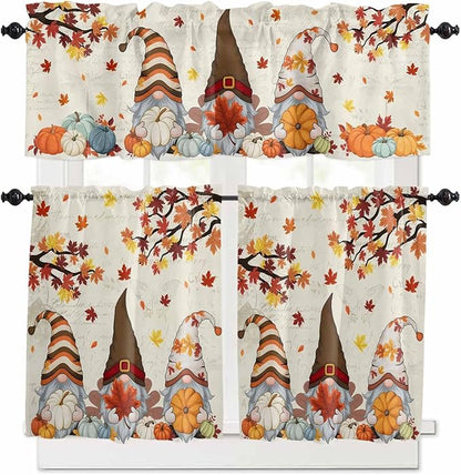 Fall Kitchen Curtain Set, Thanksgiving Gnomes Maple Leaf Pumpkin Beige Window Valance and Tiers 24" Length, Light Filtering Short Curtains Valance for Cafe Bathroom Bedroom 54"x18"