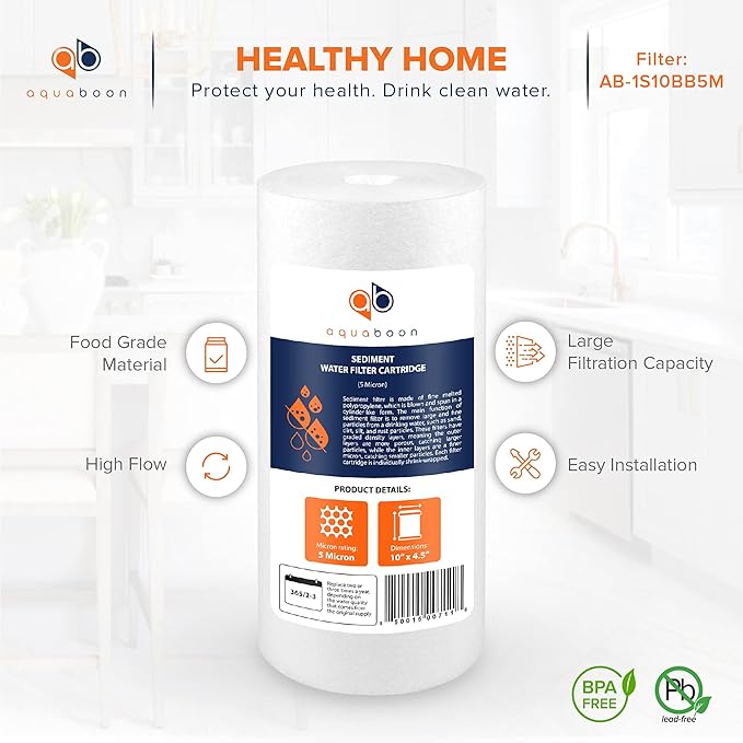 Aquaboon 5 Micron 10 x 4.5 Well Water Sediment Filter Replacement Whole House Water Filter Cartridge Compatible with DGD-5005, WFHD13001B, 4-Pack