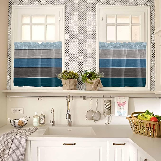 Retro Farm Blue Gray Wood Grain Window Valance Curtains, Rustic Wooden Plank Light Filtering Kitchen Valance with 3-inch Rod Pocket for Living Room Bathroom Bedroom,2 Panel,27.5x24In