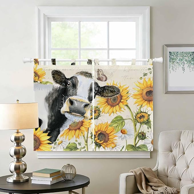 Yellow Sunflowers Kitchen Curtains 45 Inch Length, Short Cafe Window Curtains Tab Top, Country Cow Flower Butterfly Farmhouse Cream Light Filtering Window Treatments Tier Drapes 27.5"x45" 2 Panel