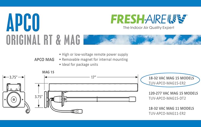 Fresh-Aire APCO Magentic Mount with 6 Carbon Cell Filter Matrix, Includes 2 Year Lamp, 18-32 VAC