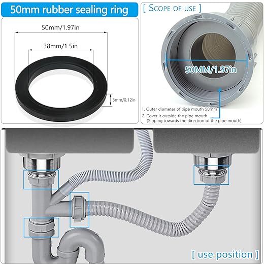 6PCS Sealing Ring for Kitchen Sink Filter, Flat Rubber Gasket for Drain Pipe, Gasket for Waste Pipe, 1.97-inch Drain Pipe, Siphon Pipe for Sink Odor Collector, 50mm Inclined Sliding Joint Rubber Ring