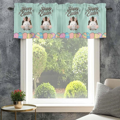 Green Easter Curtain Valances for Windows, Kitchen Valance Window Treatment, Spring Cartoon Bunny Colorful Eggs Wood Grain Light Filtering Block Curtains for Bathroom/Bedroom/Living Room 42'' x 18''