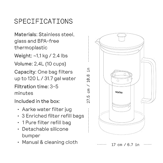 Aarke Purifier Regular 1.18L Glass Pitcher Bundle w/Steel Filter, BPA-Free, 3 Enriched + 1 Pure Granules - Filters & Adds Minerals