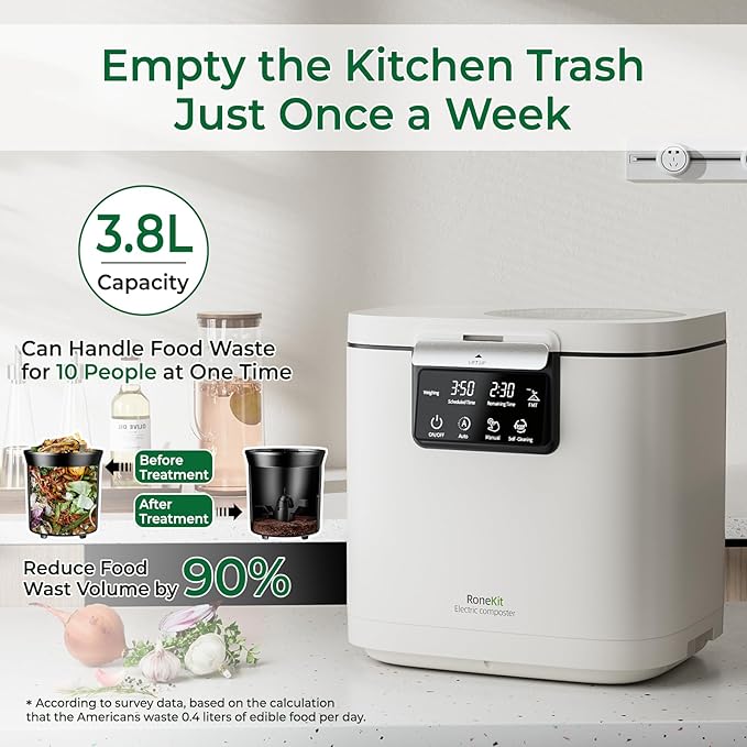 Electric Composter for Kitchen, Smart Compost Bin with Viewing Window Indoor Outdoor/Odorless/Low Noise/Auto-Cleaning, Compost Machine, Turn Food Waste into Fertilizer for Garden, Gift
