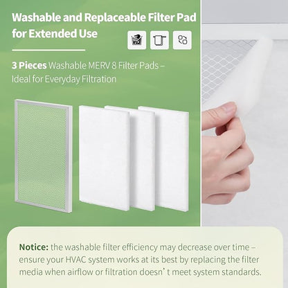 16x24x1 Reusable Air Filter MERV 8 Washable Furnace & AC Filter with 2 Extra Media Pads, Aluminum Electrostatic Air Filters for Home, Fits HVAC System, Air Conditioner, Air Handler