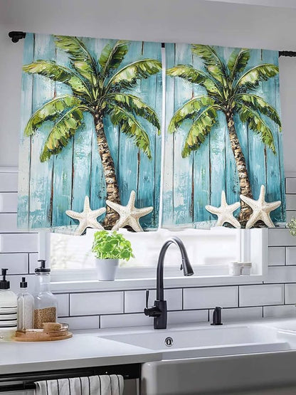 Sheer Curtains 45 Inch Length, Coastal Beach Starfish Semi Sheer Curtains Light Filtering Window Treatment, Blue Green Tropical Palm Tree Wood Grain Privacy Voile Drapes for Living Room 52x45 Inch