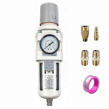 XingNEeng 1/2" NPT Compressed Air Filter Regulator Combo Piggyback, Water/Oil Trap Separator with Pressure Gauge(0-150 psi), Semi-Auto Drain, Poly Bowl, 5 Micron Brass Element, Metal Bracket
