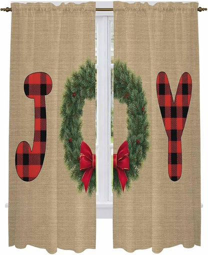 Red Green Christmas Window Curtains 72 Inch Long 2 Panel Set, Rod Pocket Long Curtains & Drapes, Xmas Botanical Winter Farmhouse Light Filtering Window Treatment for Bedroom Living Room 52"W x 72"L