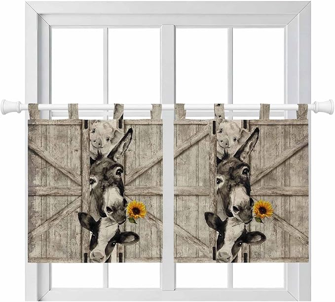 Funny Farm Animals Kitchen Curtains 24 Inch Length, Small Window Curtains Tab Top, Vintage Barn Brown Sunflowers Light Filtering Short Window Treatments Tier Drapes 27.5"x24" 2 Panel