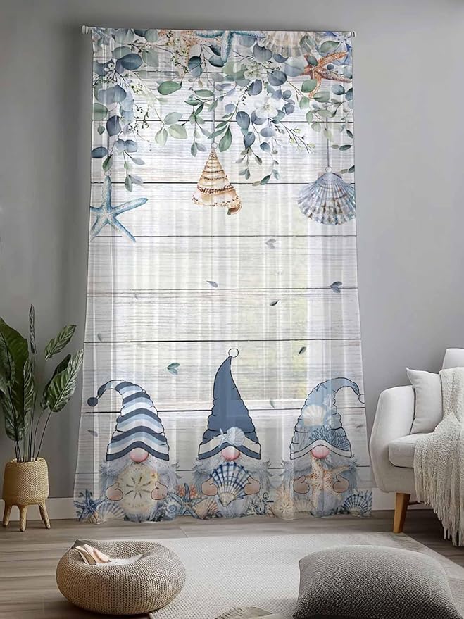 Sheer Curtains 84 Inches Long, Coastal Eucalyptus Leaf Semi Sheer Curtains Light Filtering Window Treatment, Ocean Blue Gnomes Starfish Wood Grain Privacy Voile Drapes for Living Room 52x84 Inch