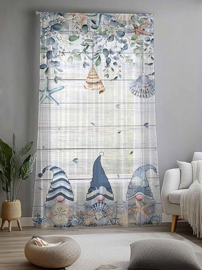 Sheer Curtains 108 Inches Long, Coastal Eucalyptus Leaf Semi Sheer Curtains Light Filtering Window Treatment, Ocean Blue Gnomes Starfish Wood Grain Privacy Voile Drapes for Living Room 52x108 Inch