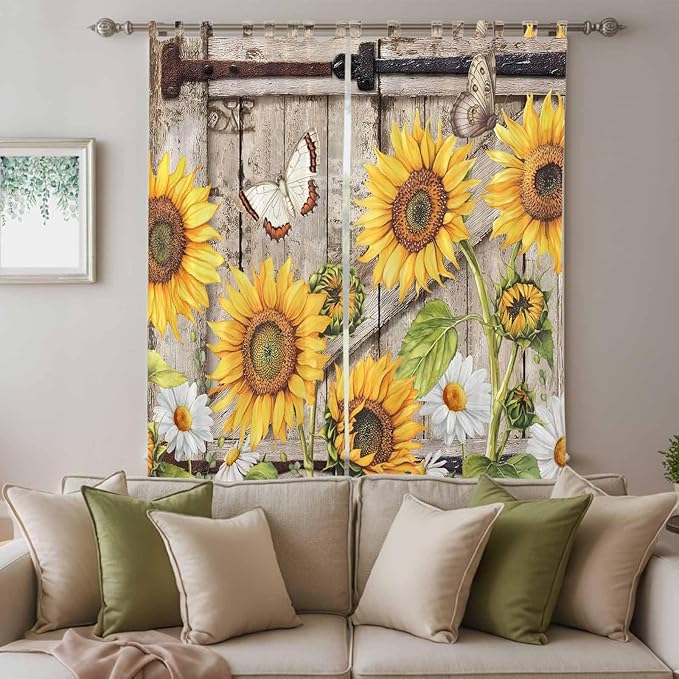 Farmhouse Sunflowers Living Room Curtains 84 Inch Length, Window Curtains Tab Top, Rustic Barn Doors Flowers Butterfly Wooden Light Filtering Window Treatments Drapes 52"x84" 2 Panel