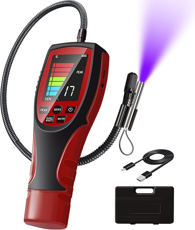 HVAC Refrigerant Leak Detector, Aprvtio ALD-200 PRO Rechargeable Freon Leak Detector Combustible Gas Leak Detector 2.6' Large Screen, Freon Sniffer Visual and Audible Alarm for R134a A2L R454B