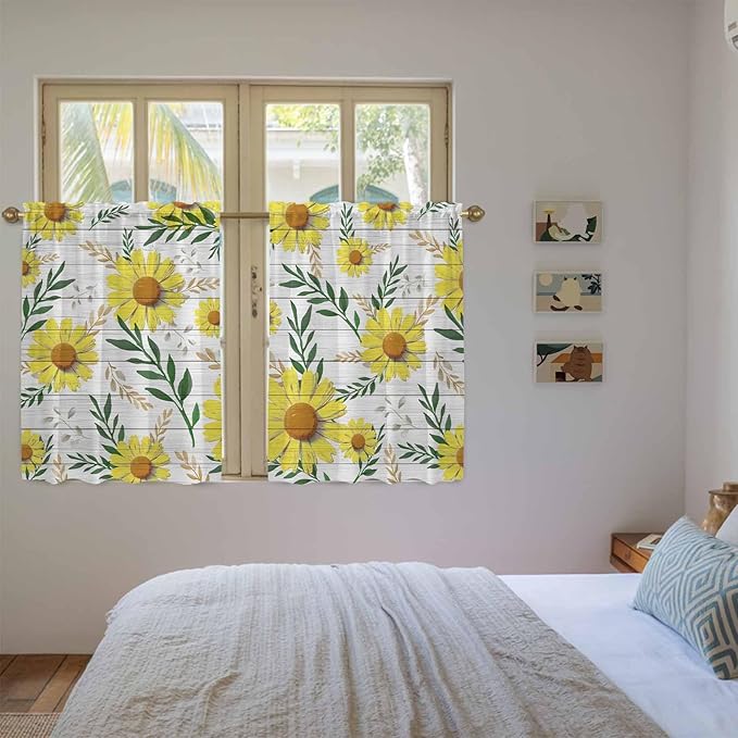 Yellow Daisy Tier Curtains, Farmhouse Country Flower Leaf Plant Wood Grain Light Filtering Kitchen Curtains, 2Pcs Rod Pocket Half Window Treatments Panels for Sink Cafe Cabinet Basement 27.5x45 Inches